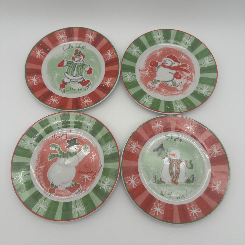 Avon China Snowman Salad Lunch Plates Set of 4 Winter Holiday 7.25 Inch